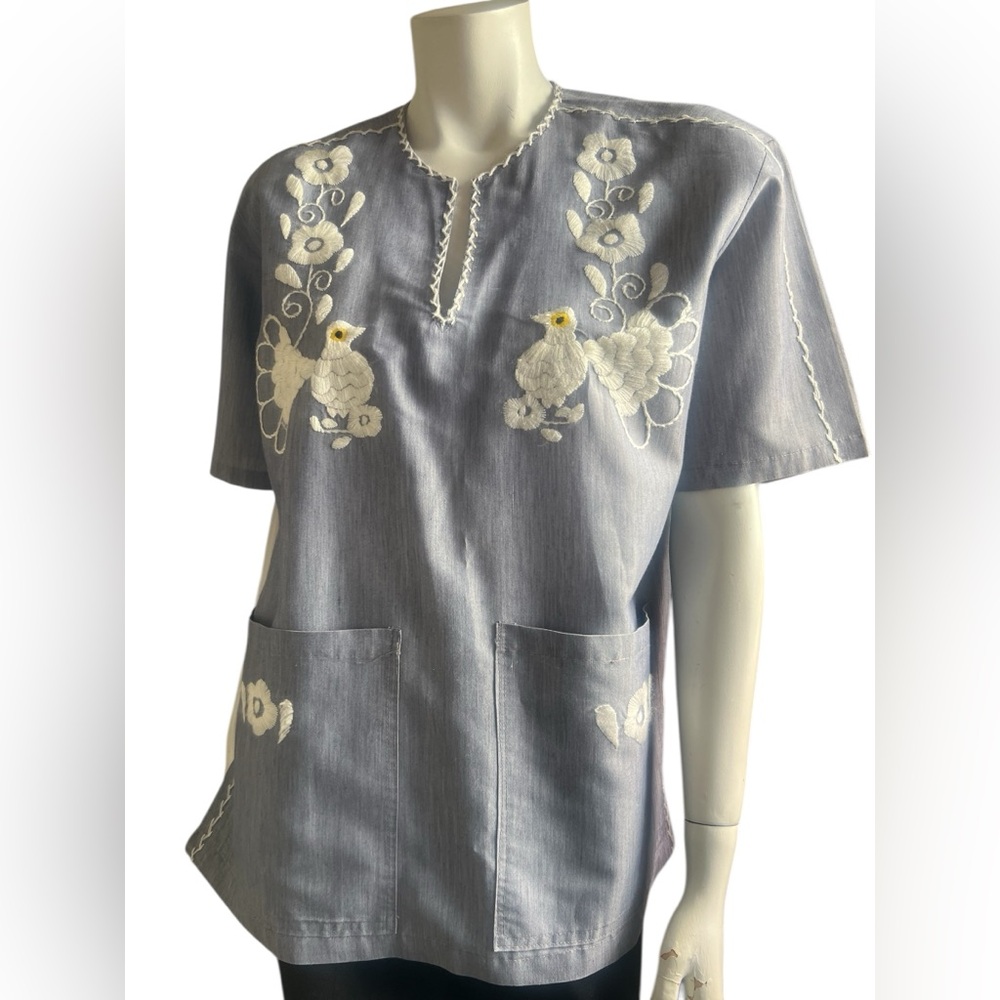 Embroidered Blue/Gray Top with Bird Design